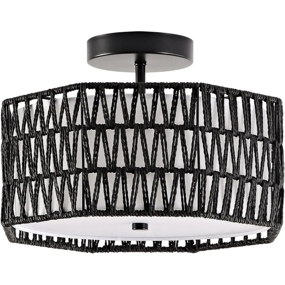 12.6 Octagon Boho Style Rattan Ceiling 3 Light Flush Mount Black Ceiling Light